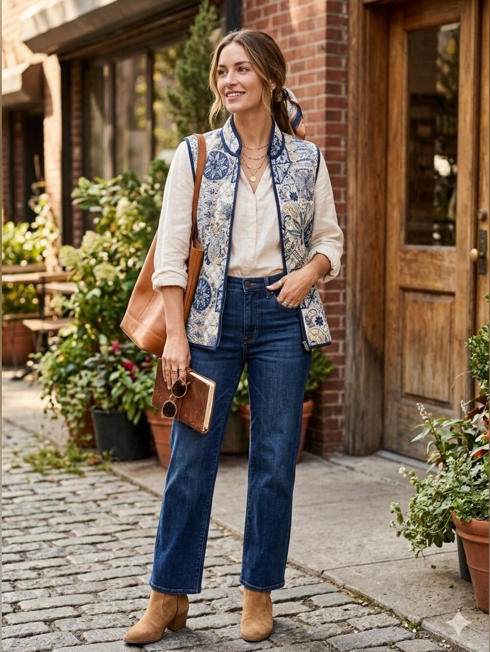 Quilted Boho Artsy Floral Paisley Floral Print Zip-Up Vest in Cream And Blue
